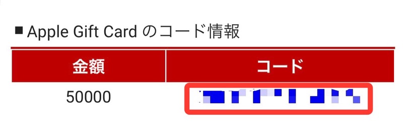 メールで届いたApple Gift Cardのコードの画像